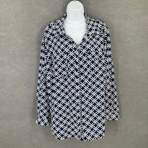 Notations Top Woman 3X‎ Button Down Long Sleeve Stretchy Geometric Navy Blue